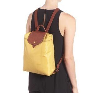 Longchamp Backpack Le Pliage  Yellow In Curry Brown Nylon Leather GUC MSRP $284